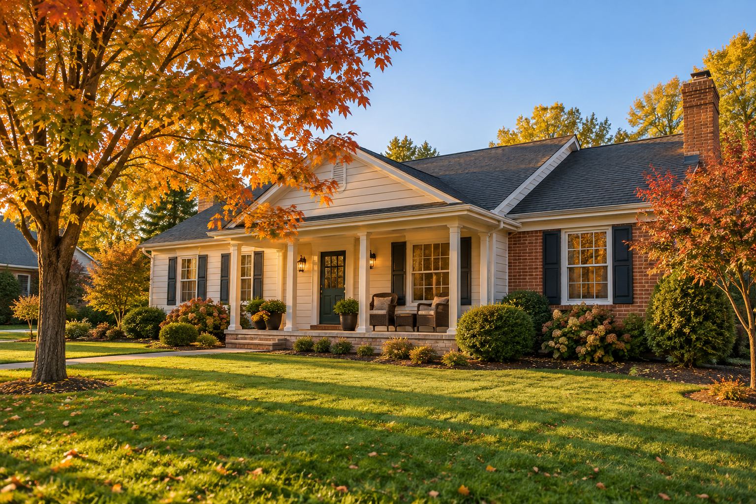 A Wisconsin home with a front porch on a quiet Waukesha County road, illustrative