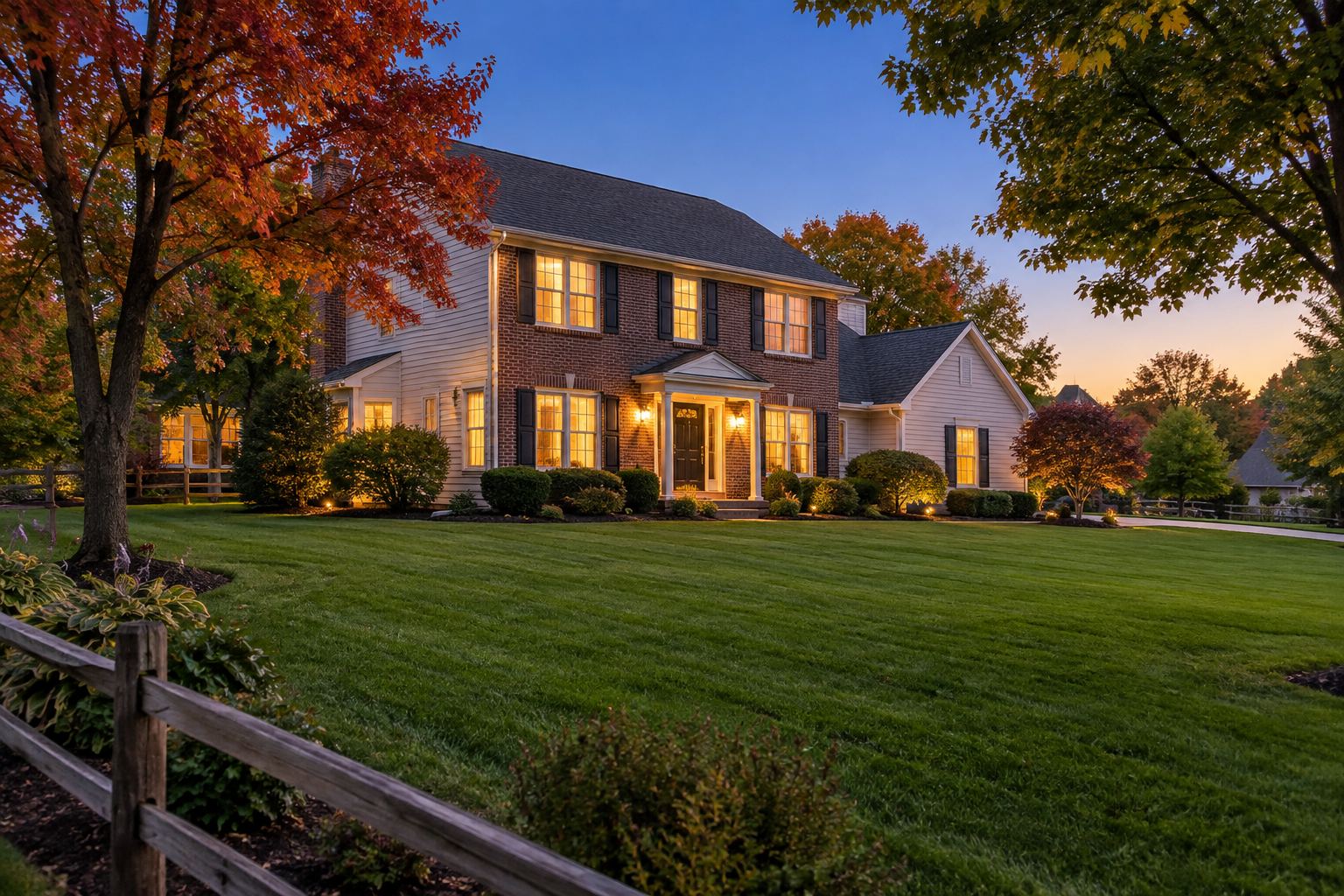 Wisconsin homes at dusk, illustrative