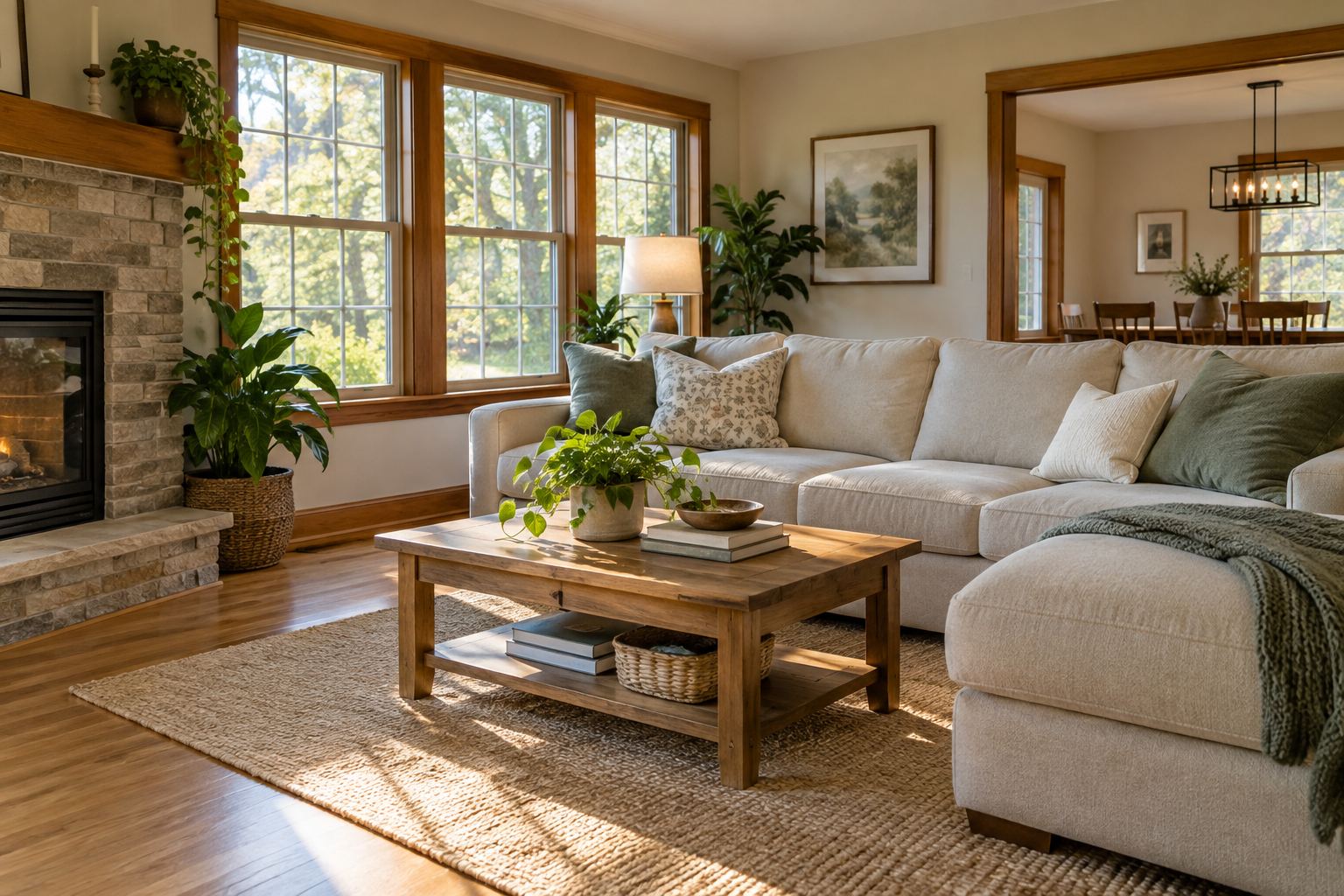 A cozy New Berlin living room, illustrative